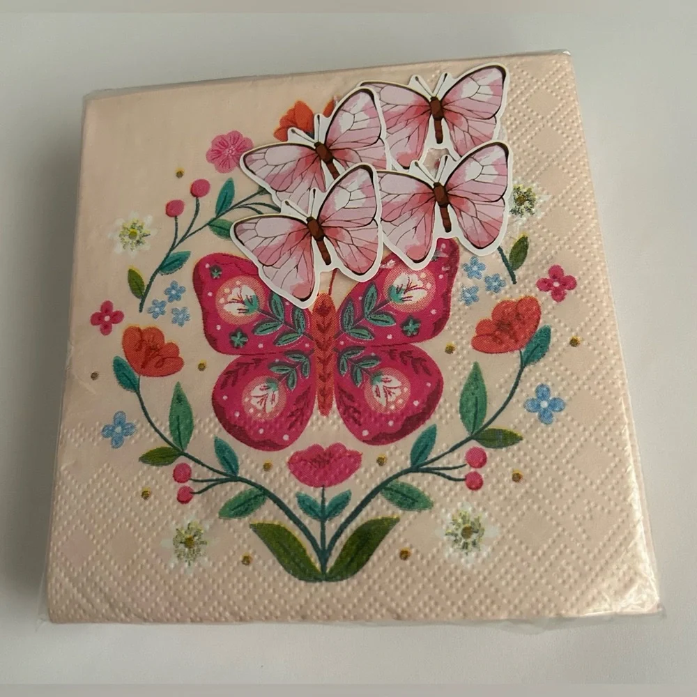 New 40 Pink Paper Beverage Napkins Clementine Butterflies Flowers Leaves